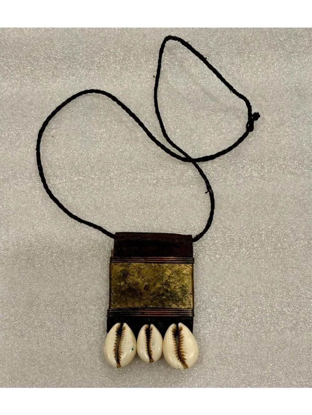 1970s African Artisan Made Leather Brass Cowrie Amulet Talisman
